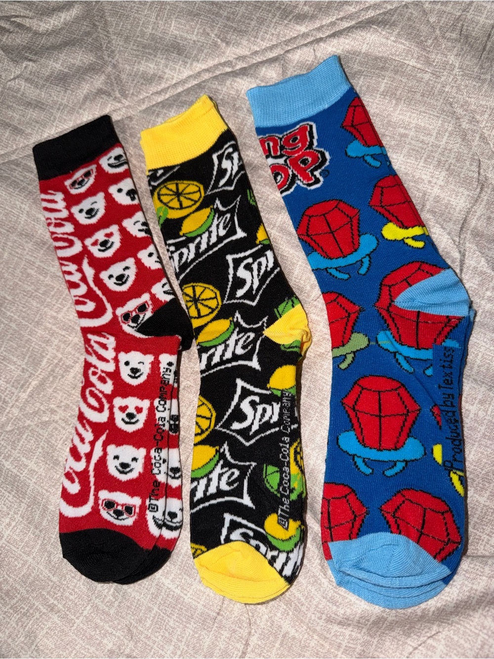 NWOT 3 pack of novelty Socks Coke Sprite Ring Pop